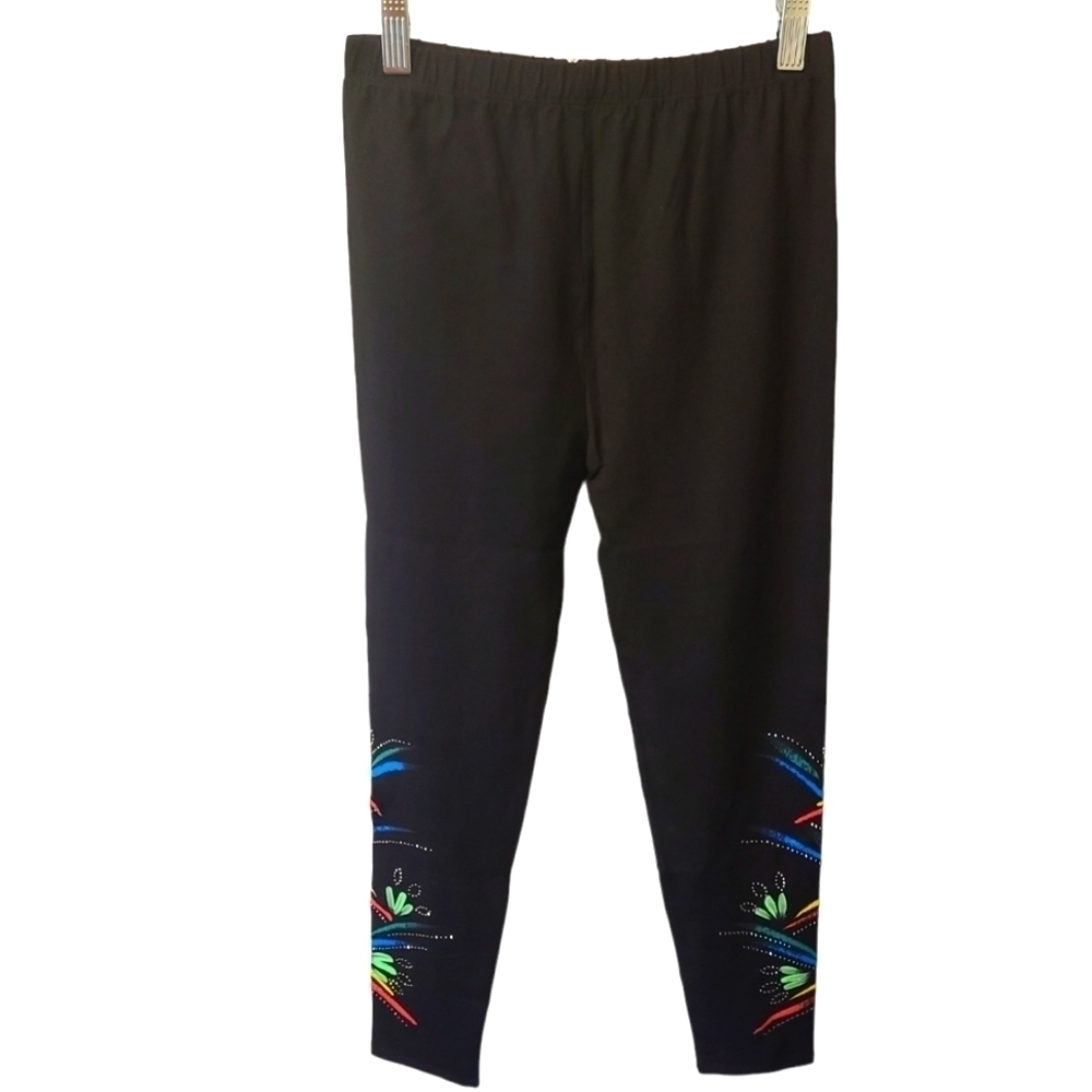 TODAY'S DESIGNER Black Leggings With Floral & Rhinestone Design Size Medium NWT